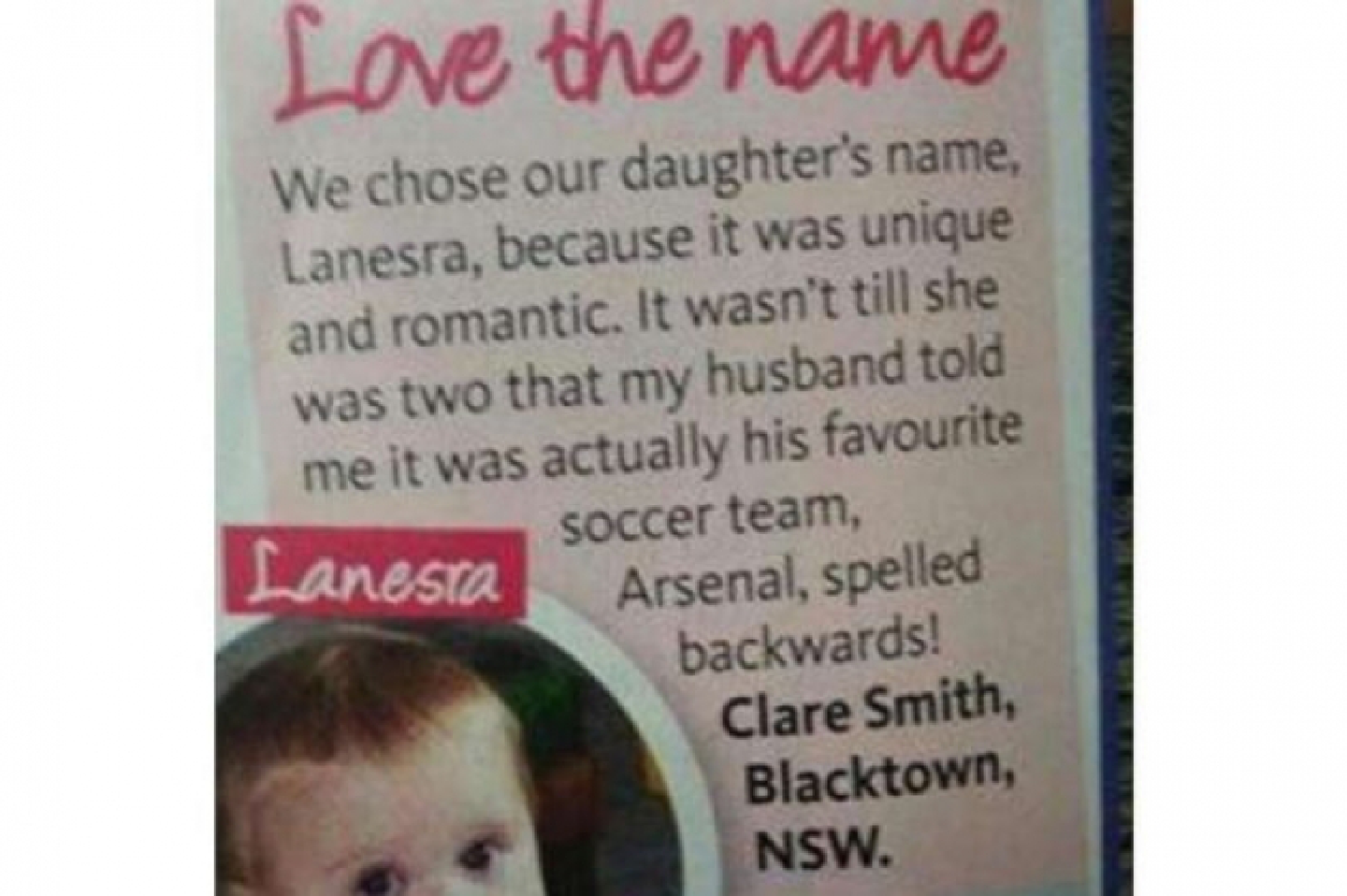 Arsenal fan tricks wife into naming daughter Lanesra Arsenal fan tricks wife into naming daughter Lanesra