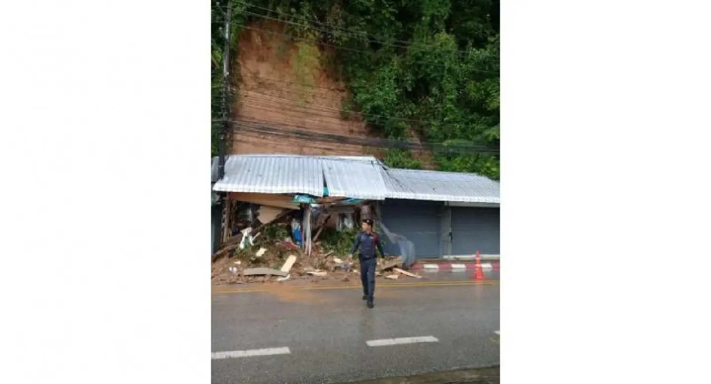 Shops damaged by landslide at Golden Triangle viewpoint Shops damaged by landslide at Golden Triangle viewpoint