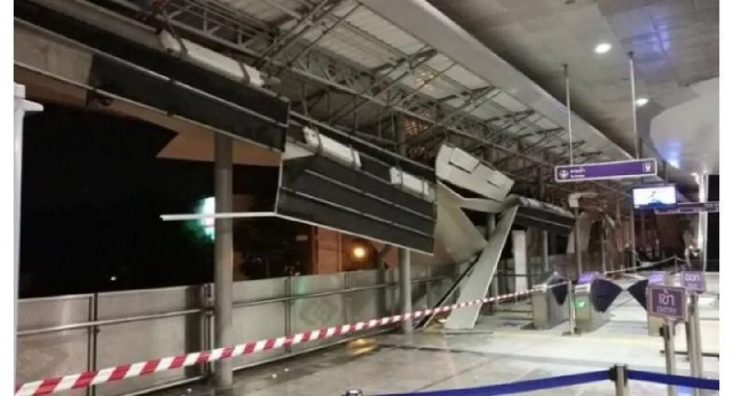 Wind blows down aluminum ceiling boards at train station