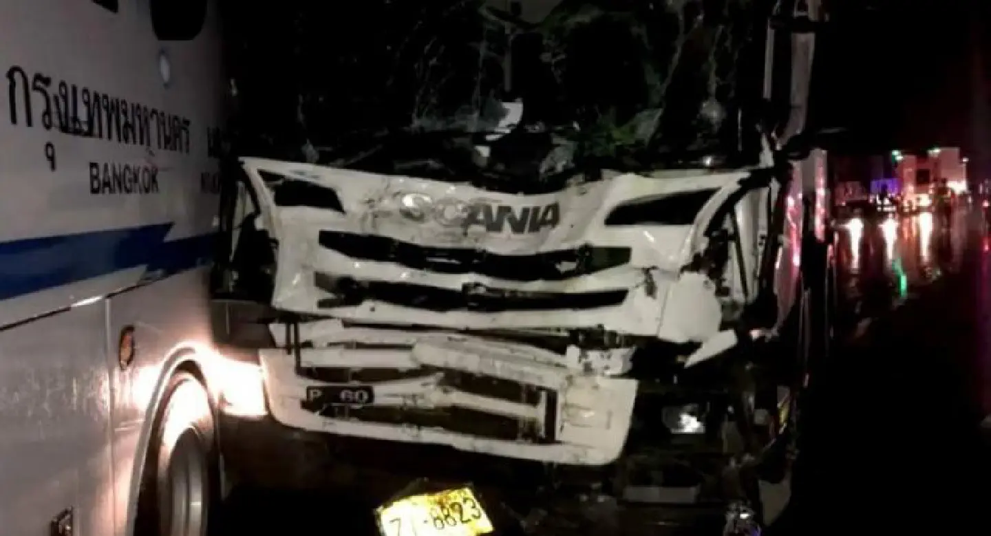 One killed, 16 injured as careening bus slams into eight trucks One killed, 16 injured as careening bus slams into eight trucks