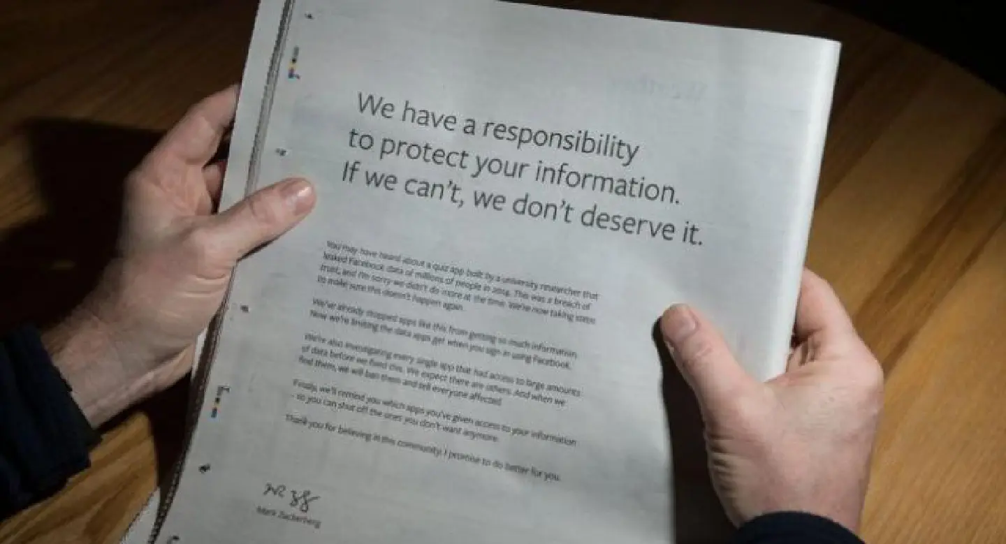Facebook runs UK, US newspaper ads apologising for data scandal Facebook runs UK, US newspaper ads apologising for data scandal