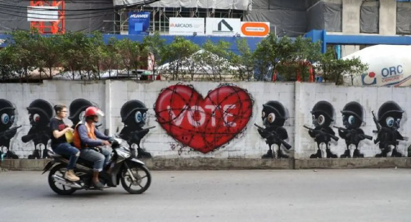 Graffiti protests against the possibility of a delayed general election in Bangkok