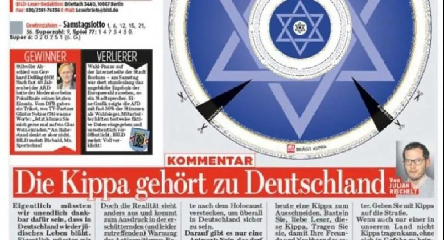 German paper prints cut-out kippa to fight anti-Semitism German paper prints cut-out kippa to fight anti-Semitism