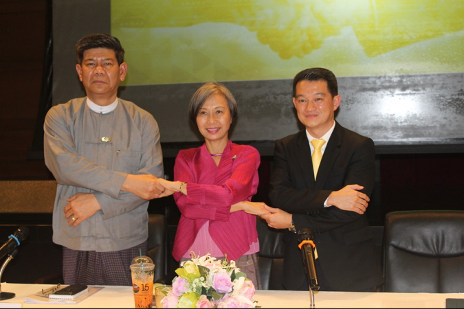 From left, Thant Sin Lwin, Suphatra Srimaitreephithak and Nattawin Phongsphetrarat at a press conference in Yangon on July 25 (Photo-Khine Kyaw, The Nation)