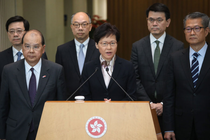 Hong Kong’s Chief Executive Carrie Lam Cheng Yuetngor speaks at a news conference in Hong Kong on Monday. Lam said recent chaos has pushed the city to the “verge of a dangerous situation”, but the government will be resolute in ensuring public order. CHINA DAILY