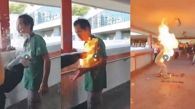 Man set ablaze after spat with HK rioters Man set ablaze after spat with HK rioters