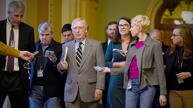 Sen. Majority Leader Mitch McConnell, R-Ky., leaves the Senate floor after giving a statement on President Trump's impeachment trial. McConnell and Republicans praised the decision by Trump to strike Maj. Gen. Qasem Soleimani of Iran. MUST CREDIT: Washington Post photo by Jahi Chikwendiu