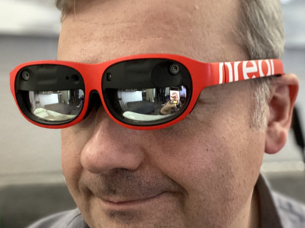 The Nreal AR smart glasses look like regular sunglasses. Well, almost. MUST CREDIT: Washington Post photo by Geoffrey Fowler