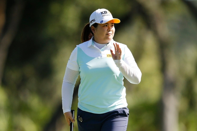 Inbee Park of South Korea reacts after a birdie on the 14th green during the first round of the Diamond Resorts Tournament of Champions at Tranquilo Golf Course at Four Seasons Golf and Sports Club Orlando on January 16, 2020 in Lake Buena Vista, Florida. (Photo by Michael Reaves/Getty Images)