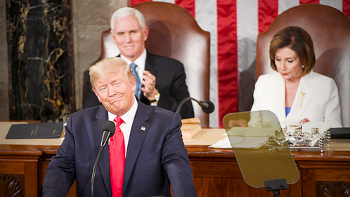 President Donald Trump gives his State of the Union address with Vice President Mike Pence and House Speaker Nancy Pelosi, D-Calif., in the background Tuesday, Feb. 4, 2020. MUST CREDIT: Washington Post photo by Jonathan Newton
