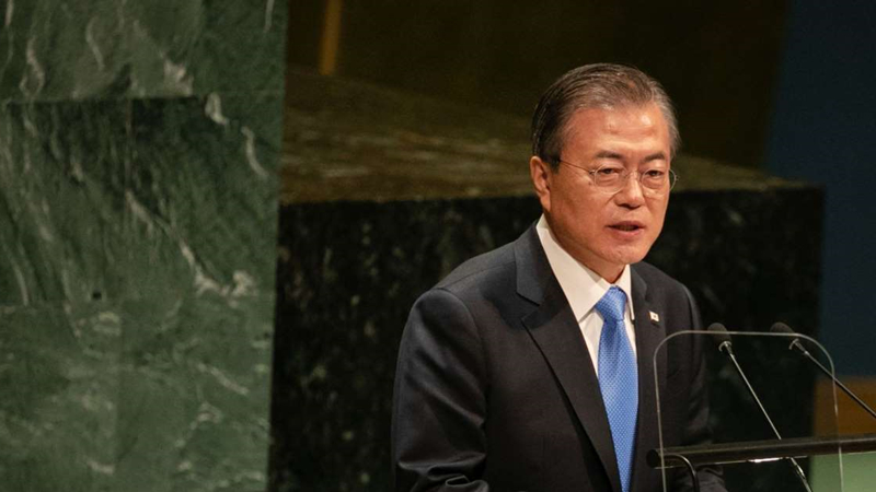 Moon Jae-in, South Korea's president, speaks during the U.N. General Assembly meeting at the United Nations on Sept. 24, 2019. MUST CREDIT: Bloomberg photo by Jeenah Moon,