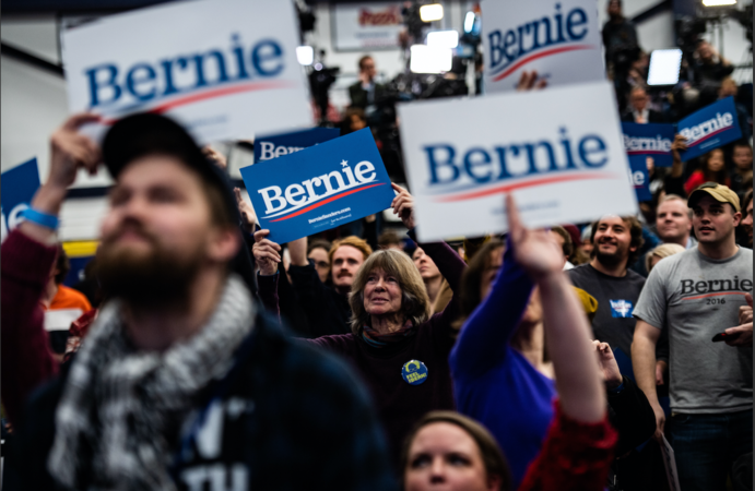 Supporters in Manchester cheer as New Hampshire primary results show Sen. Bernie Sanders, I-Vt., leading on Feb. 11. MUST CREDIT: Washington Post photo by Salwan Georges.
