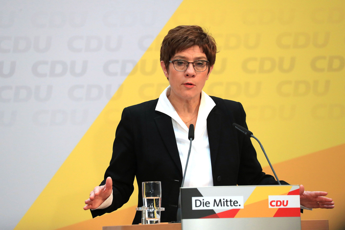 Annegret Kramp-Karrenbauer, outgoing leader of the Christian Democrat Union (CDU), gestures while speaking during a news conference at the CDU headquarters in Berlin on Feb. 24, 2020. MUST CREDIT: Bloomberg photo by Krisztian Bocsi.