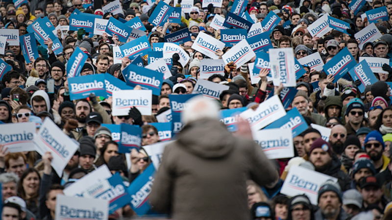 Supporters cheer as Sen. Bernie Sanders, I-Vt., speaks during a rally at Boston Common on Saturday, Feb. 29, 2020. MUST CREDIT: Washington Post photo by Salwan Georges
