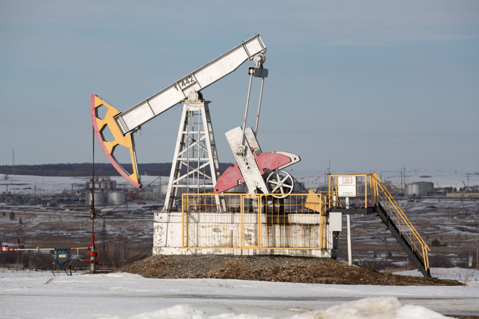 An oil pumping jack in an oilfield near Almetyevsk, Russia, on March 11, 2020. MUST CREDIT: Bloomberg photo by Andrey Rudakov.
