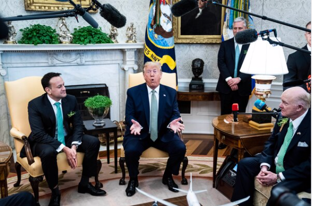 President Donald Trump meets with Irish Prime Minister Leo Varadkar, left, in the Oval Office on Thursday, March 12, 2020. MUST CREDIT: Washington Post photo by Jabin Botsford