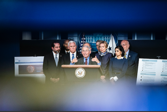 National Institute of Allergy and Infectious Diseases Director Anthony Fauci, Vice President Mike Pence and the coronavirus task force talk about covid-19 in the briefing room at the White House on March 10. MUST CREDIT: Washington Post photo by Jabin Botsford
