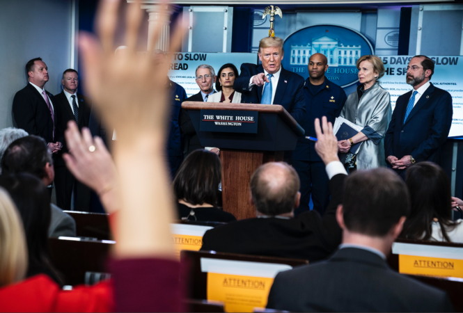President Donald Trump announces that the coronavirus outbreak could last months and that gatherings should be limited to 10 people on Monday, March 16, 2020. MUST CREDIT: Washington Post photo by Jabin Botsford
