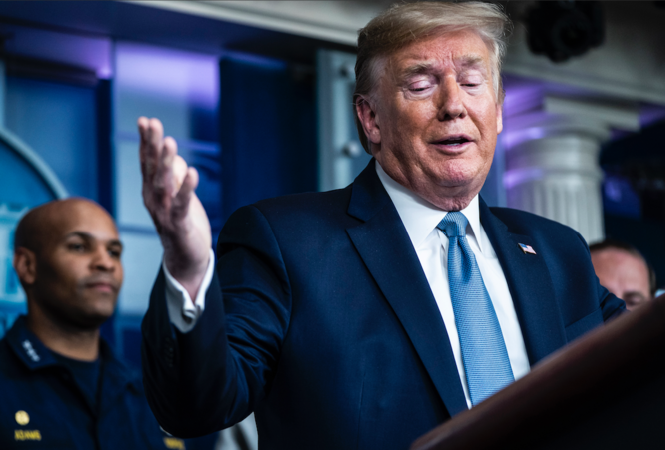 President Donald Trump speaks during a coronavirus briefing at the White House on Monday. MUST CREDIT: Washington Post photo by Jabin Botsford