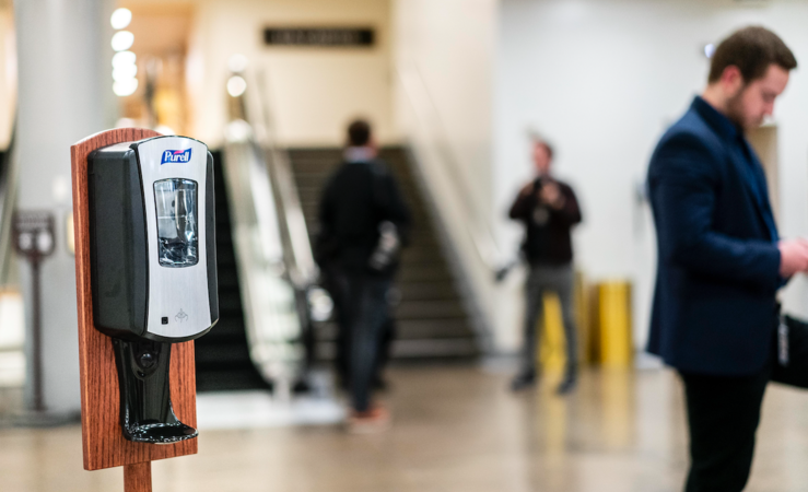 A new dispenser of hand sanitizer sits near the Senate trains on Capitol Hill in Washington. MUST CREDIT: Washington Post photo by Melina Mara
