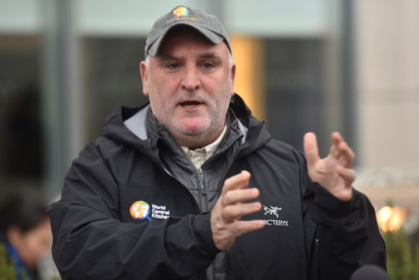 Chef José Andrés talks about turning his restaurants into community kitchens. MUST CREDIT: Washington Post photo by Marvin Joseph.