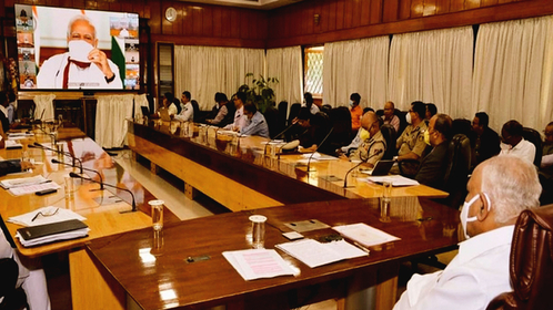 Karnataka Chief Minister BS Yediyurappa and his cabinet members attending the video conference chaired by Prime Minister Narendra Modi on COVID-19. (Photo: Twitter | @BSYBJP)