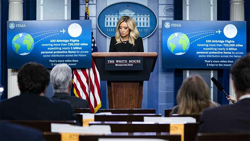 White House press secretary Kayleigh McEnany speaks about Project Air Bridge in her first formal press briefing in the James S. Brady Press Briefing Room at the White House on May 1. PHOTO CREDIT: Washington Post photo by Jabin Botsford