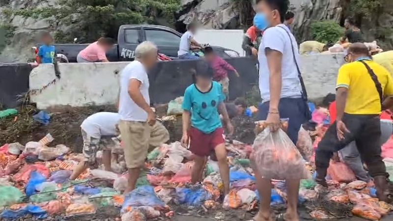 Driver in trouble as people swoop on spilled tasty cargo Driver in trouble as people swoop on spilled tasty cargo