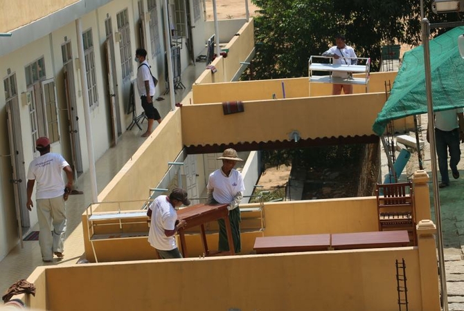 A quarantine area returnees from overseas being prepared at Dhamma Duta Sekeinda Yama Monastery in early April (Photo-Myo Htet Paing)
