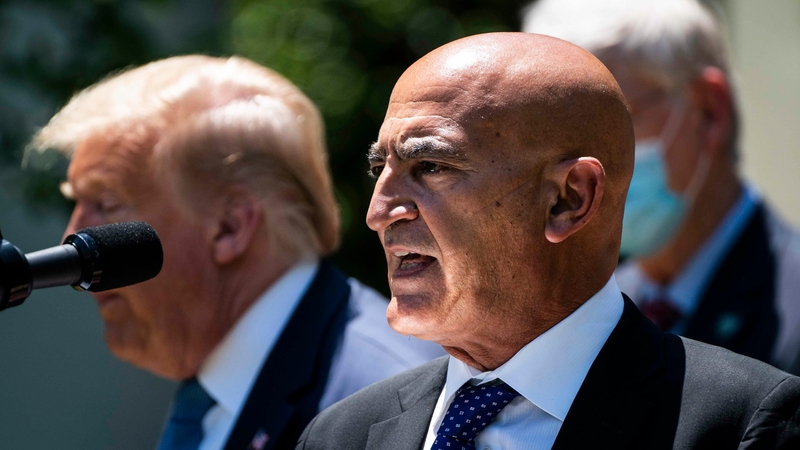 Moncef Slaoui, a former GlaxoSmithKline executive, speaks during a vaccine development event in the Rose Garden at the White House on Friday with President Trump. PHOTO CREDIT: Washington Post photo by Jabin Botsford