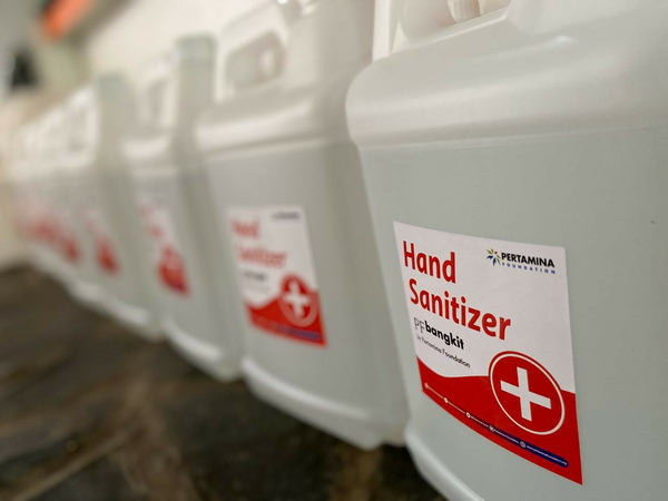 Pictured are jerrycans of hand sanitizers distributed by Pertamina Foundation to several Islamic boarding schools and orphanages in Jakarta on April 1. (Photo Courtesy of Pertamina Foundation/File)