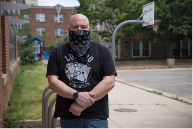 Christian Herr, 35, had a heart attack in his classroom nine years ago. Now he worries if he will be safe if he returns to the classroom when schools reopen. Herr is photographed in Adams Morgan, May 29, 2020. MUST CREDIT: Photo for The Washington Post by Evelyn Hockstein