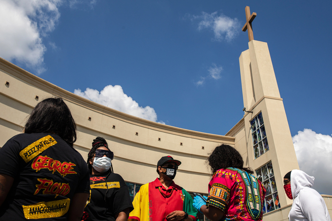 People wait in line to pay their final respects to George Floyd during his public viewing at the Fountain of Praise Church in Houston on Monday, June 8, 2020. MUST CREDIT: Photo for The Washington Post by Tamir Kalifa