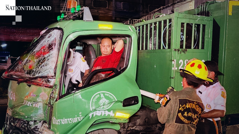 One hurt as garbage truck rams bus in heavy rain One hurt as garbage truck rams bus in heavy rain