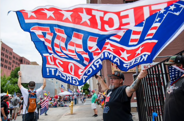 Trump supporters gather outside the BOK center on Saturday, June 20, 2020, in Tulsa, Okla. MUST CREDIT: Photo for The Washington Post by Amanda Voisard