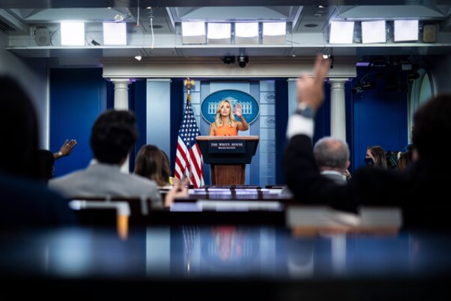 White House Press Secretary Kayleigh McEnany speaks during a press briefing at the White House on Monday. MUST CREDIT: Washington Post photo by Jabin Botsford.
