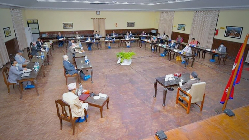 Prime Minister KP Sharma Oli consults with his Cabinet members on Saturday evening at Baluwatar after visiting President Bidya Devi Bhandai in Sheetal Niwas. Photo Courtesy: Prime Minister's Secretariat
