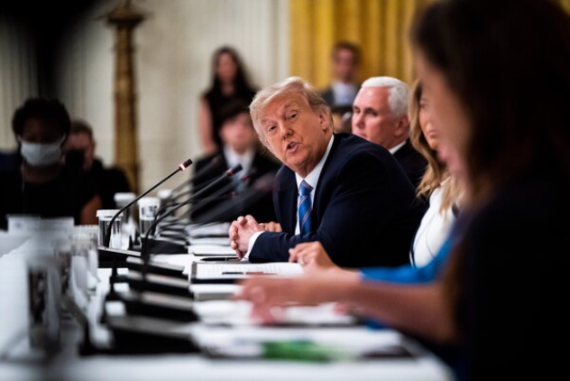 President Donald Trump, shown above at Tuesday's roundtable discussion on the Safe Reopening of America's Schools in the East Room at the White House, has taken a harsh tone in seeking a full reopening of schools. MUST CREDIT: Washington Post photo by Jabin Botsford
