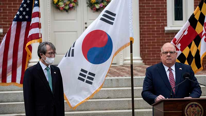 Hogan was joined by South Korea's director of public diplomacy to announce the purchase. MUST CREDIT: Washington Post photo by Michael Robinson Chavez
