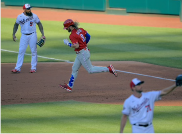 Bryce Harper rounds first after hitting a three-run homer off Max Scherzer on Saturday night at Nationals Park. CREDIT: Washington Post photo by John McDonnell.