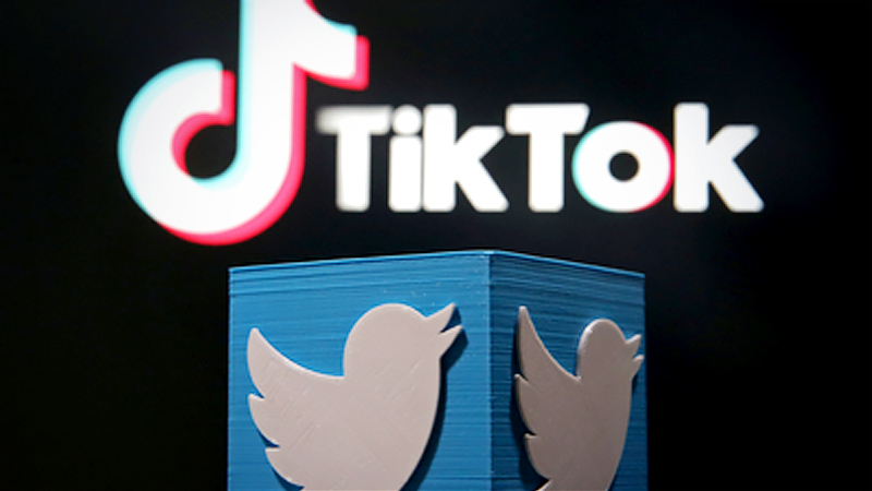 A 3D-printed Twitter logo is placed in front of a displayed Tik Tok logo in this illustration picture taken Aug 9, 2020. [Photo/Agencies]