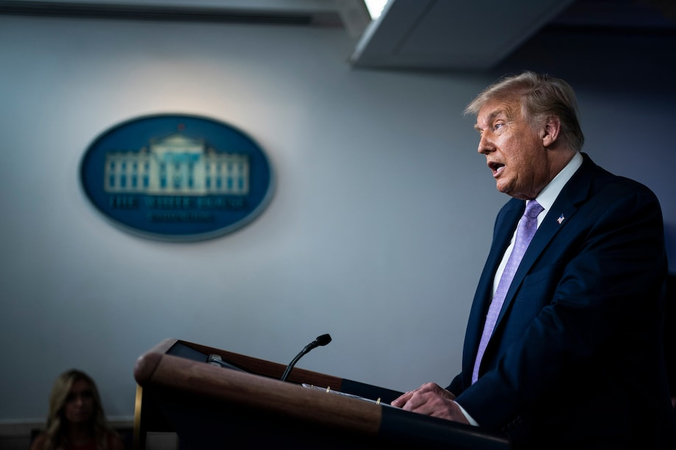 President Trump speaks during a coronavirus briefing on Tuesday. (Jabin Botsford/The Wasington Post)