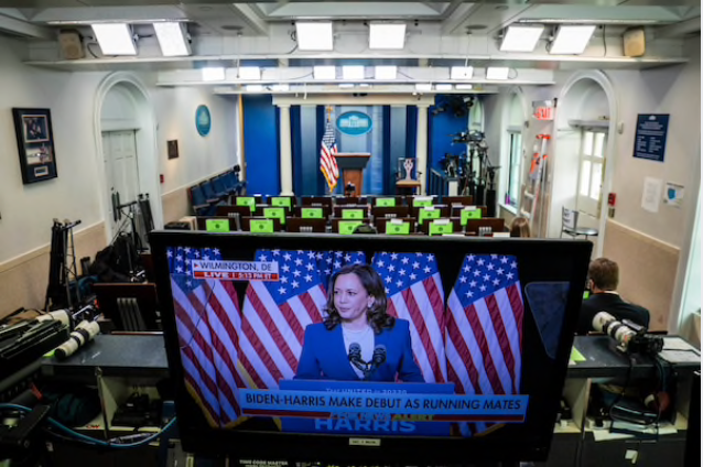 Presumptive Democratic vice presidential nominee Kamala Harris is pictured on a monitor in the White House press briefing room on Wednesday, Aug. 12, 2020. CREDIT: Washington Post photo by Jabin Botsford