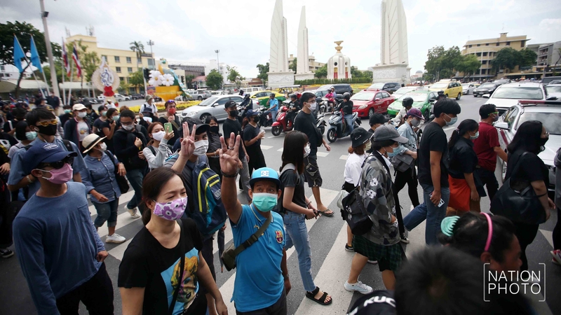 A huge crowd of student-led protesters are closing the roads around Democracy Monument in Bangkok A huge crowd of student-led protesters are closing the roads around Democracy Monument in Bangkok