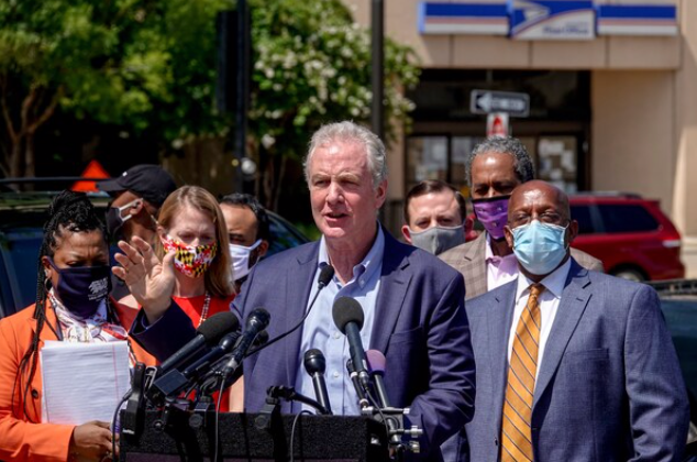 Sen. Chris Van Hollen, D-Md., speaks during a news conference in Baltimore as Democrats express outrage and concern about delays in mail delivery.  CREDIT: Washington Post photo by Bonnie Jo Mount.