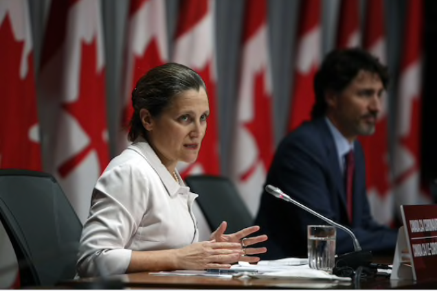 Chrystia Freeland, Canada's deputy prime minister, speaks during a news conference in Ottawa, Ontario, Canada, on July 16, 2020. MUST CREDIT: Bloomberg photo by David Kawai.