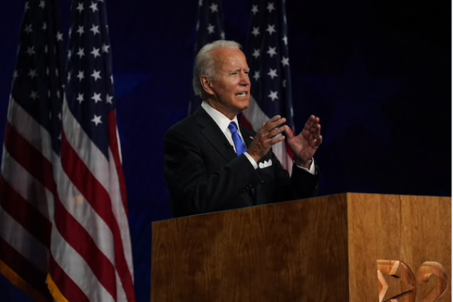 Joe Biden accepts his party's nomination at the Chase Center in Wilmington, Del., after a night featuring primary rivals and tributes.  CREDIT: Washington Post photo by Toni L. Sandys