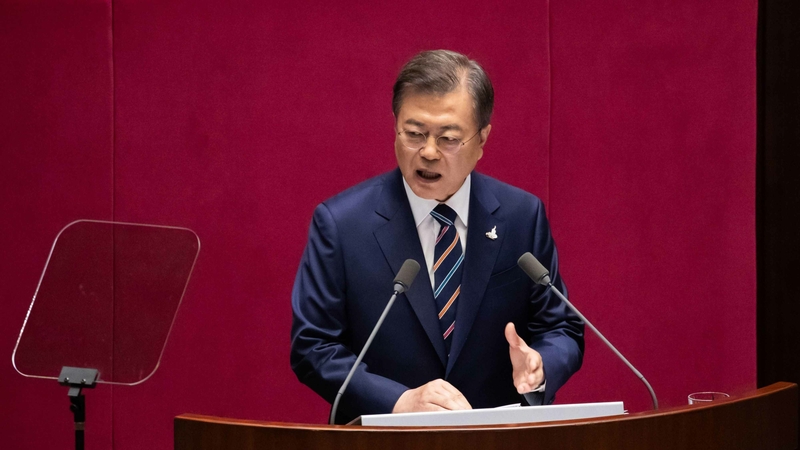 Moon Jae-in, South Korea's president, speaks during the opening ceremony of the 21st National Assembly in Seoul, South Korea, on July 16, 2020. MUST CREDIT: Bloomberg photo by SeongJoon Cho.