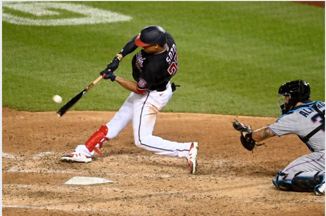 Juan Soto connects in the Washington Nationals' 11-8 loss to the Miami Marlins at Nationals Park on Monday, Aug. 24, 2020. CREDIT: Washington Post photo by Katherine Frey