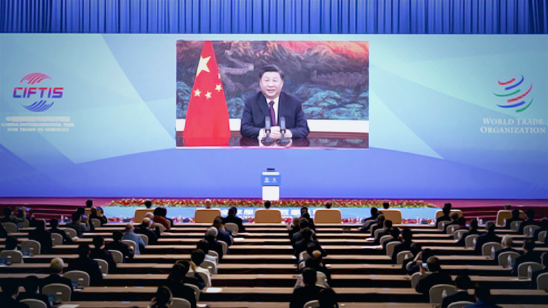 President Xi Jinping addresses the Global Trade in Services Summit of the 2020 China International Fair for Trade in Services via video in Beijing on Friday. [Photo/Xinhua]